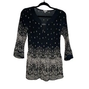 Nicola Women's Black Floral Print 3/4 Sleeve Sheer Blouse Top Size Small